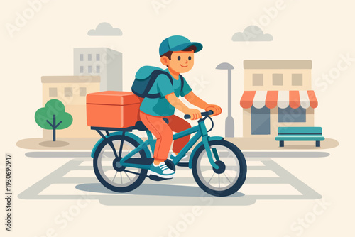 Delivery boy riding bicycle, fast urban courier service for food transport