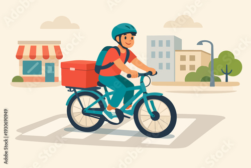 Delivery worker riding bicycle through city street providing food delivery service