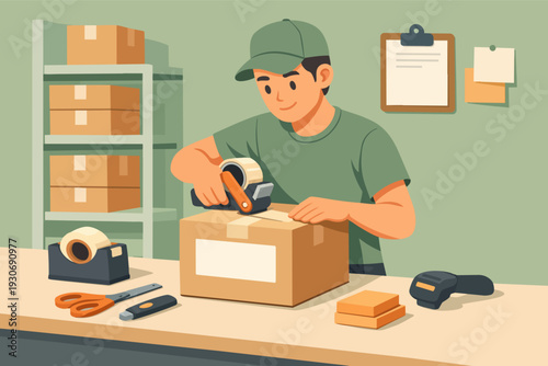 Worker packaging a cardboard box for shipping in a warehouse, logistics industry