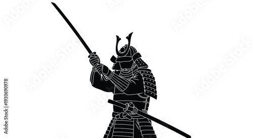 Samurai warrior in traditional armor holding sword and katana ready for battle isolated on white background