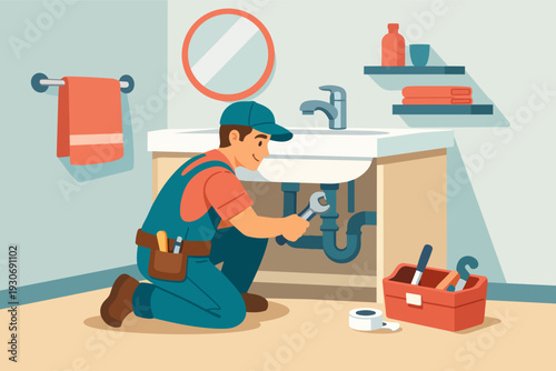 Plumber fixing sink pipes in bathroom, performing home repair and maintenance service