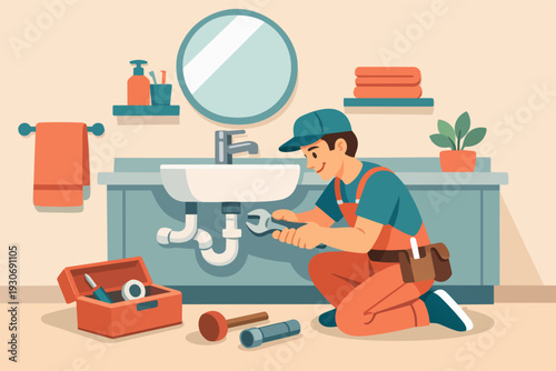 Plumber fixing sink drains in a bathroom, offering house repair and maintenance service