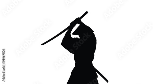 Silhouette of a person holding a sword above their head in a powerful stance on white background