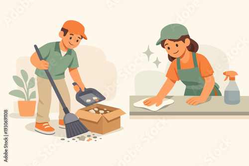 Professional cleaning service team working, keeping areas tidy and sanitized