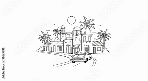 Vintage car drives through a sunlit village with palm trees