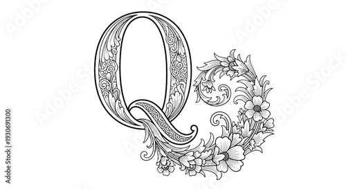 Ornate letter Q with floral decorations and foliage.