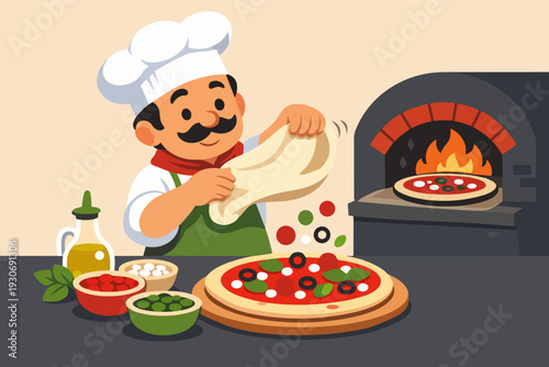 Chef baking traditional italian pizza in a wood-fired oven, stretching dough