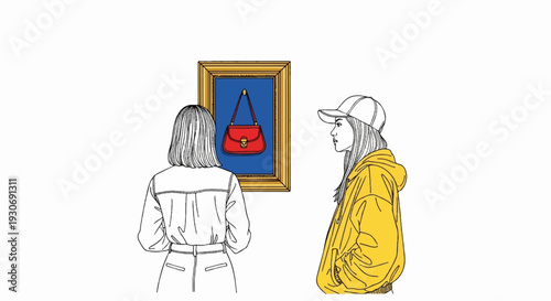 Two women admire a framed red handbag in an art gallery