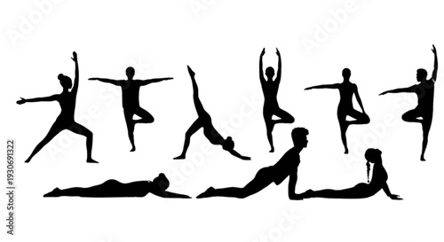 Dynamic sequence of yoga poses captured in a single black and white illustration. isolated on transparent background, Vector