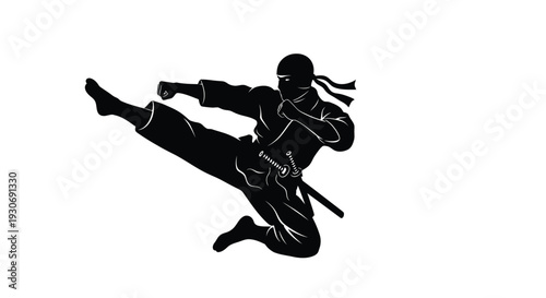 Martial arts ninja in dynamic kick pose with sword black silhouette on white background action and skill