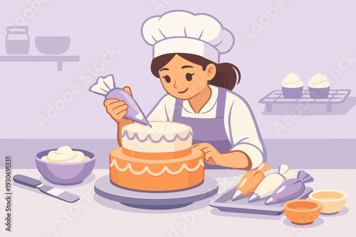 Pastry chef decorating a custom two-tier cake with piping bag and icing in a bakery