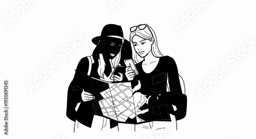 Two women consult a map and smartphones for navigation on a journey