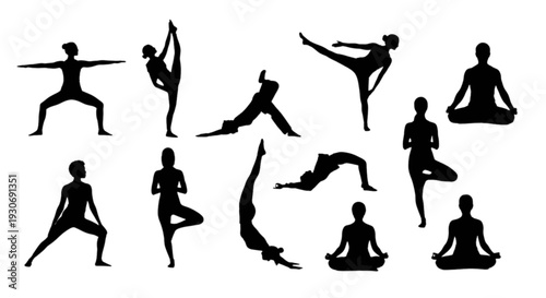 Dynamic yoga poses and meditation silhouettes in various stances isolated on transparent background, Vector
