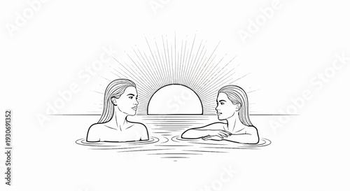 Two women gaze at each other in water with a sunburst behind them