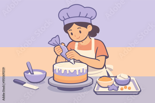 Woman chef decorating cake with icing bag, enjoying pastry making hobby
