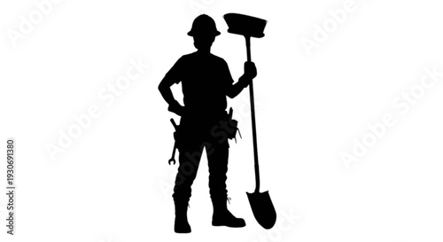 Construction worker holding a shovel and toolbag in silhouette isolated on transparent background, Vector