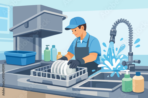 Kitchen worker washing dishes, cleaning plates in a restaurant sink area