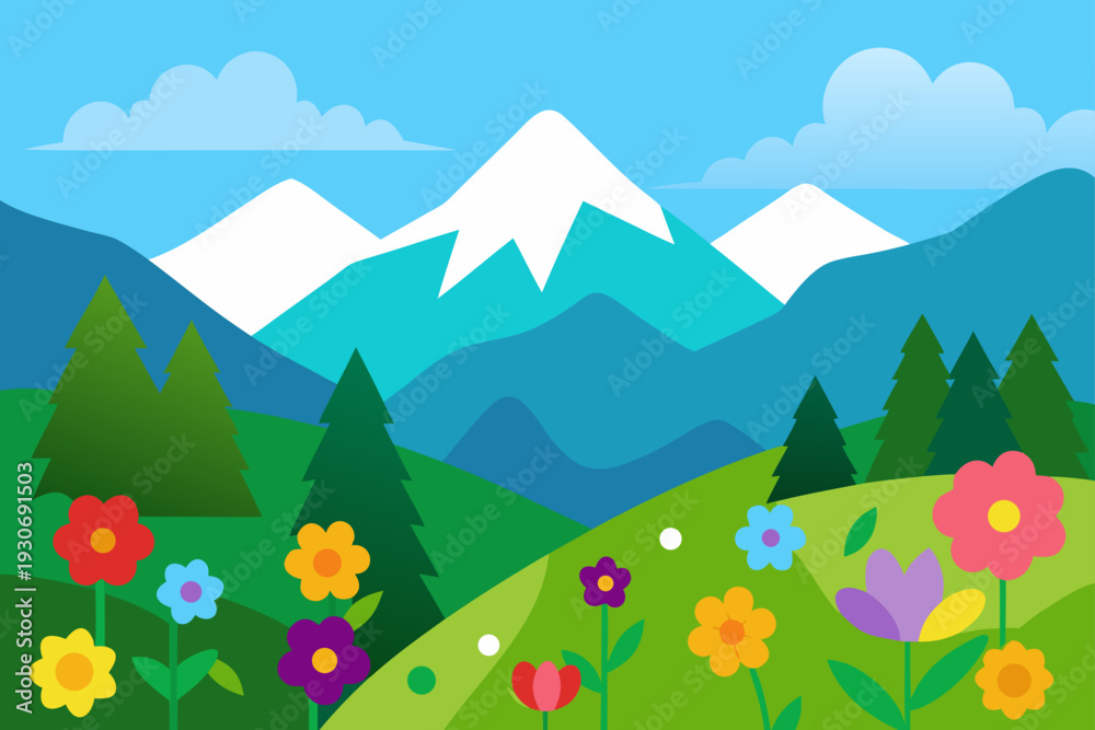 Fototapeta premium Vector illustration of colorful mountain landscape with flowers