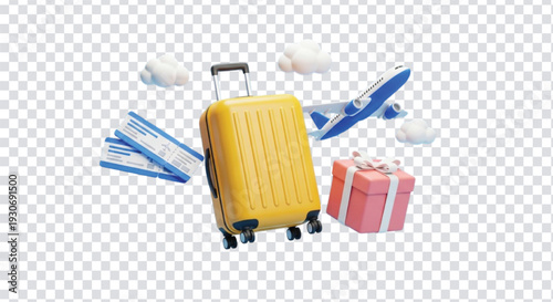 Travel concept airplane luggage tickets and gift box on transparent background vacation holiday journey transportation concept digital illustration