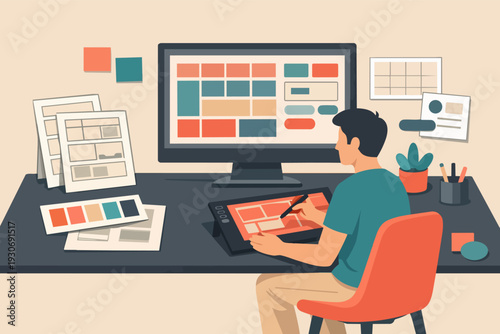 Ui ux designer working on responsive web app layout creating wireframe