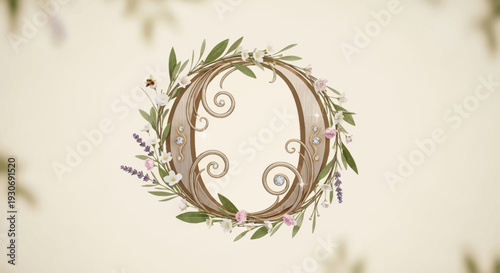 Floral wreath with decorative letter O and leaves.