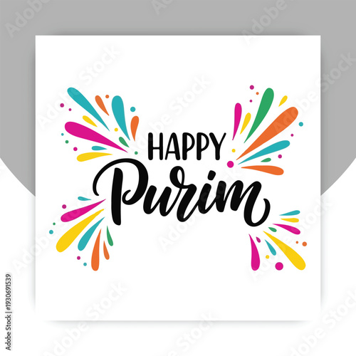 Happy Purim Colorful Typography Design with Festive Paint Splash Illustration,