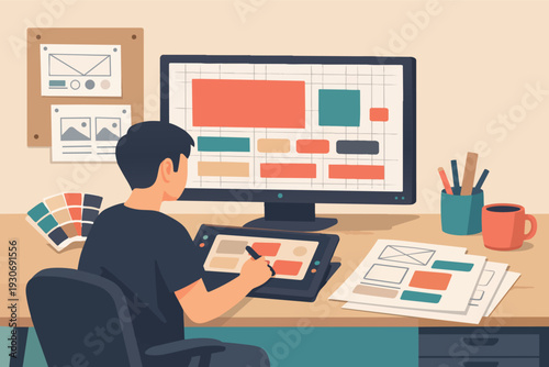 Designer creating user interface layout on graphic tablet at modern creative workspace