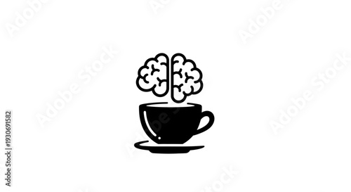 Simple black and white illustration of a coffee cup with a brain rising from it.