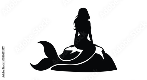 Mermaid silhouette sitting on rock with tail mythical creature fantasy ocean sea white background illustration black color simple design aquatic folklore legend magical dreamy enchanting