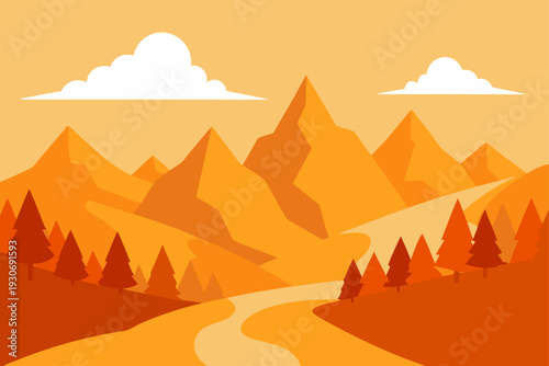Vector illustration of orange mountain landscape with road and trees
