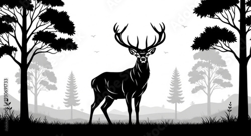 Deer Stag Antlers Forest Landscape.