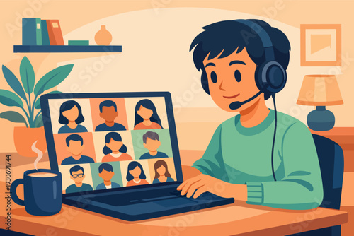 Young man participating in online video conference with multiple remote collegues