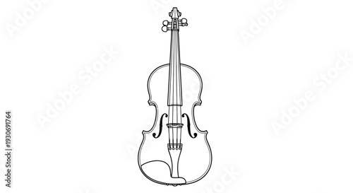 Detailed line drawing of a violin with intricate curves and strings on a white background perfect for music or art concepts