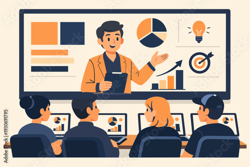 Business coach presenting data analysis and strategy to employees during a training seminar