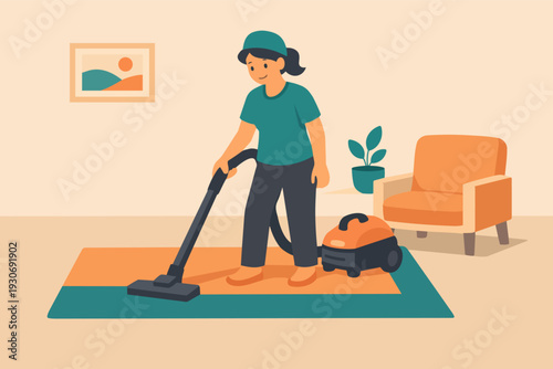 Woman cleaning living room floor with vacuum cleaner, doing housework
