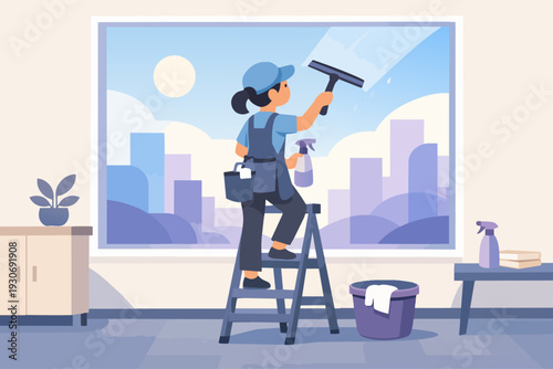 Professional cleaner providing window washing service for modern city apartment