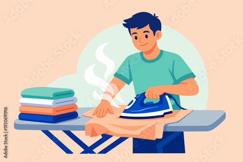 Man ironing clothes on an ironing board, performing laundry household chore