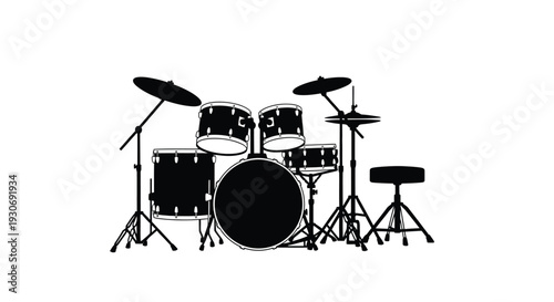 Drum set with cymbals and stool on white background musical instrument for music production and performance