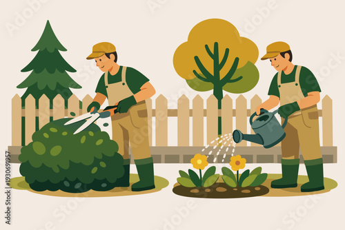 Men enjoying gardening activities, trimming bush and watering flowers in a home garden