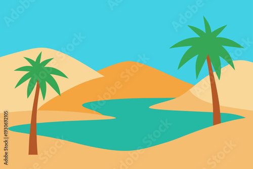 Vector illustration of desert landscape with palm trees and oasis