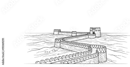 Winding ancient stone wall with crenellations and watchtowers traverses a hilly terrain