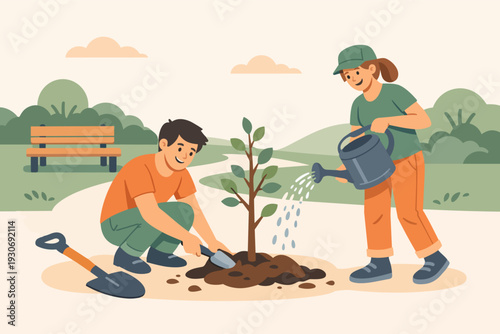 Enthusiastic people collaborating on a reforestation project in a park