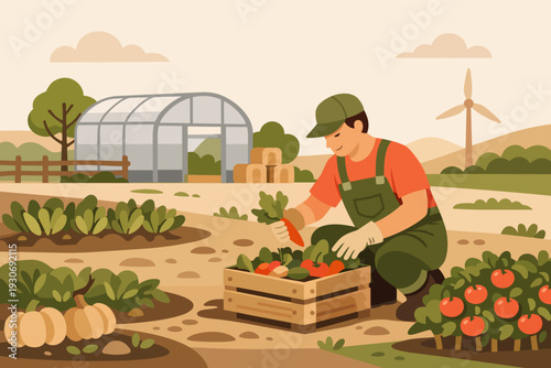 Farmer harvesting fresh organic vegetables and fruits in a sustainable farm