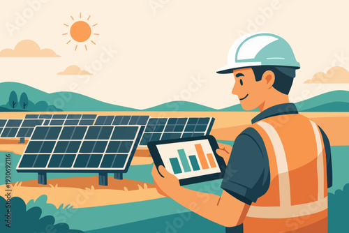 Engineer monitoring solar panel energy production with tablet at a solar farm