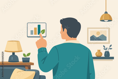Person checking smart energy consumption dashboard, monitoring green home automation