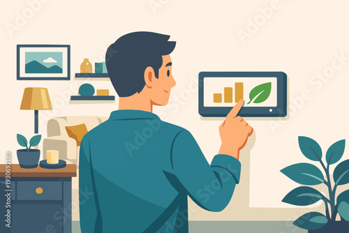 Man touching smart home control panel, optimizing energy consumption for sustainability