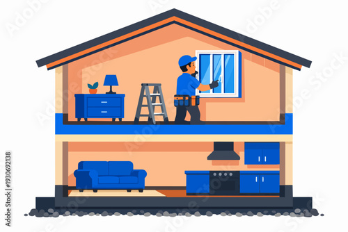 Handyman repairing window inside house showing home renovation and improvement process