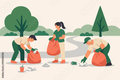 Volunteers cleaning park, collecting trash and rubbish for environmental protection