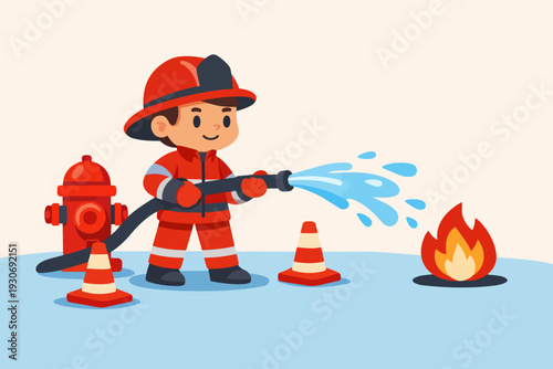 Cartoon child firefighter extinguishing fire with hose from a hydra