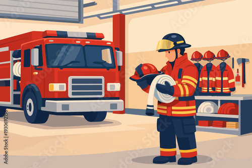 Firefighter preparing equipment in station with fire truck, ensuring public safety